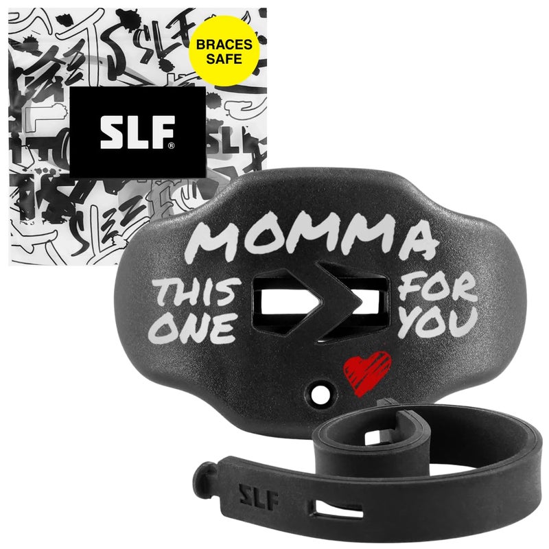 SLEEFS Football Mouth Guard - Youth Mouthguard with Strap - Lip/Teeth Protector Mouthpiece - No Boil - for Youth/Adults, Maximum Air Flow, for All Sports - Momma This One for You in Black - Image 1